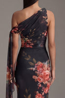 Laden Sie das Bild in den Galerie-Viewer, Schwarzes Asymmetrisches Meerjungfrauen Blumen Ballkleid