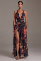 Laden Sie das Bild in den Galerie-Viewer, Schwarzes Halter Muster A-Linie Blumenkleid