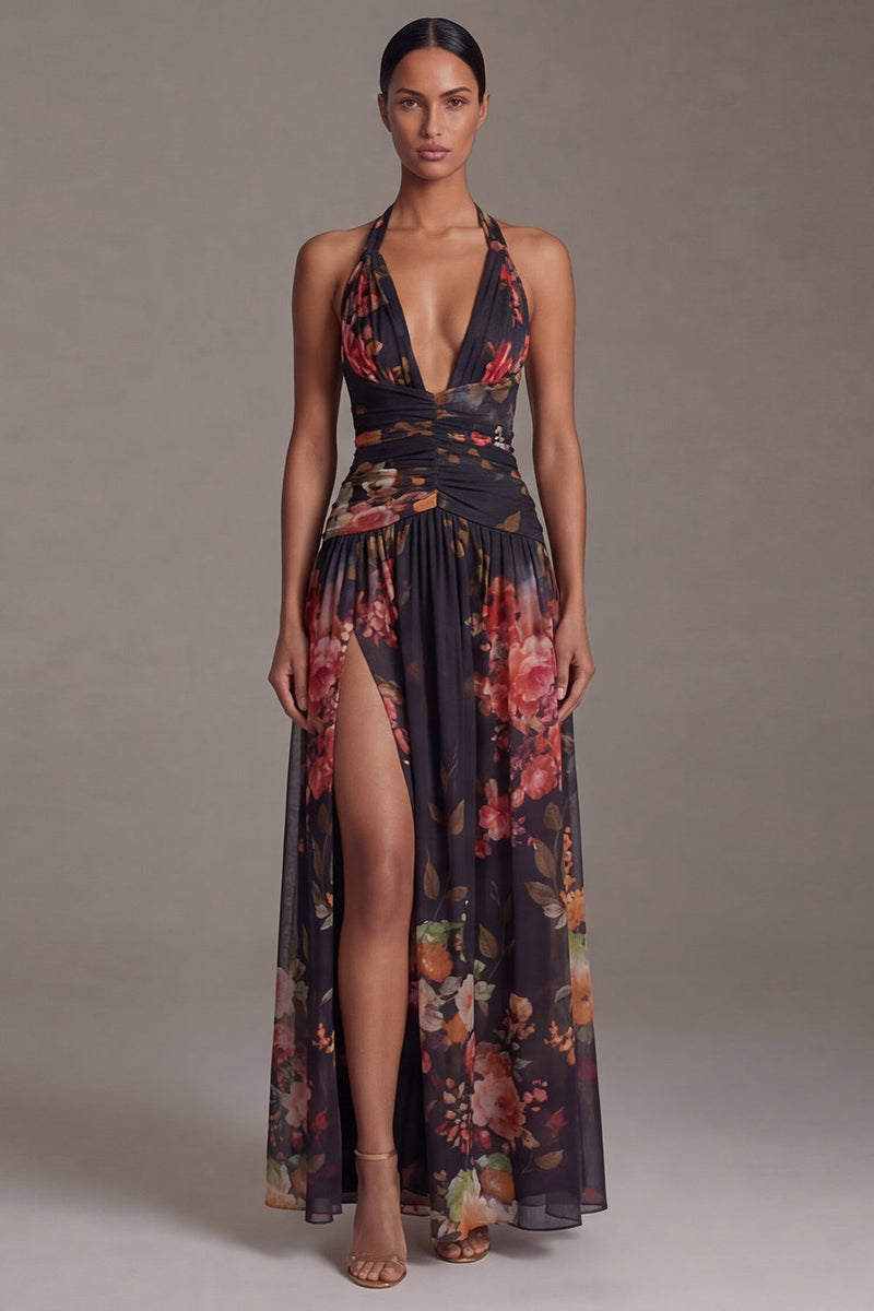 Laden Sie das Bild in den Galerie-Viewer, Schwarzes Halter Muster A-Linie Blumenkleid