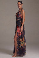 Laden Sie das Bild in den Galerie-Viewer, Schwarzes Halter Muster A-Linie Blumenkleid