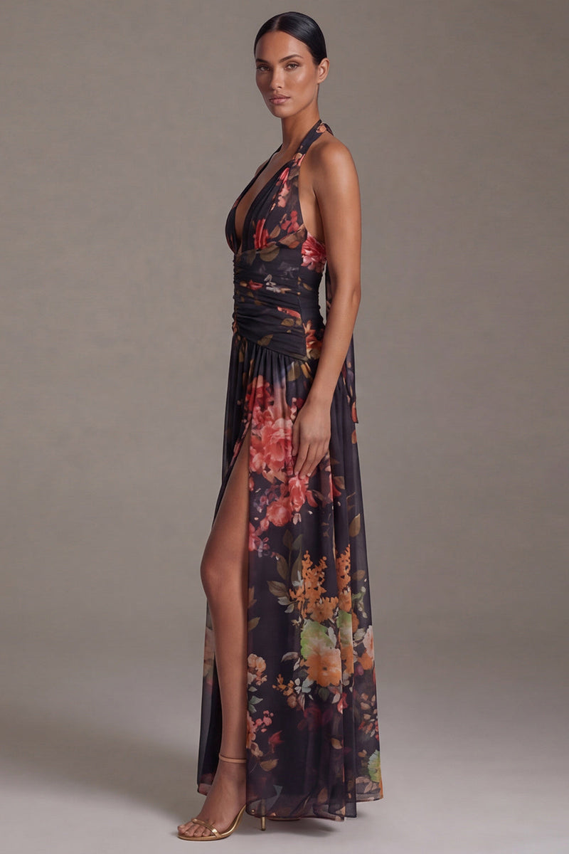 Laden Sie das Bild in den Galerie-Viewer, Schwarzes Halter Muster A-Linie Blumenkleid