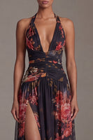 Laden Sie das Bild in den Galerie-Viewer, Schwarzes Halter Muster A-Linie Blumenkleid