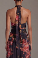 Laden Sie das Bild in den Galerie-Viewer, Schwarzes Halter Muster A-Linie Blumenkleid