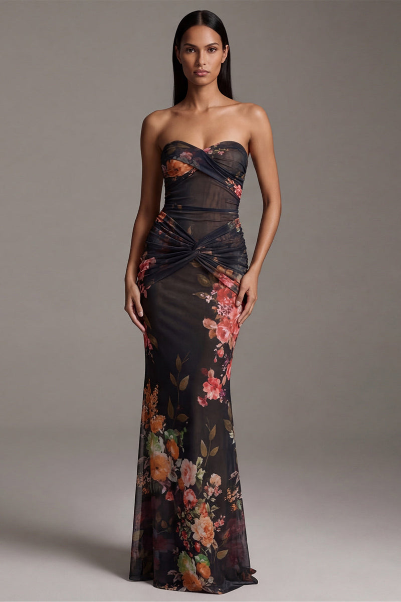 Laden Sie das Bild in den Galerie-Viewer, Trägerloses Gerafftes Schwarzes Meerjungfrauen Blumenkleid