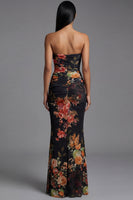 Laden Sie das Bild in den Galerie-Viewer, Trägerloses Gerafftes Schwarzes Meerjungfrauen Blumenkleid