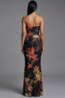 Trägerloses Gerafftes Schwarzes Meerjungfrauen Blumenkleid