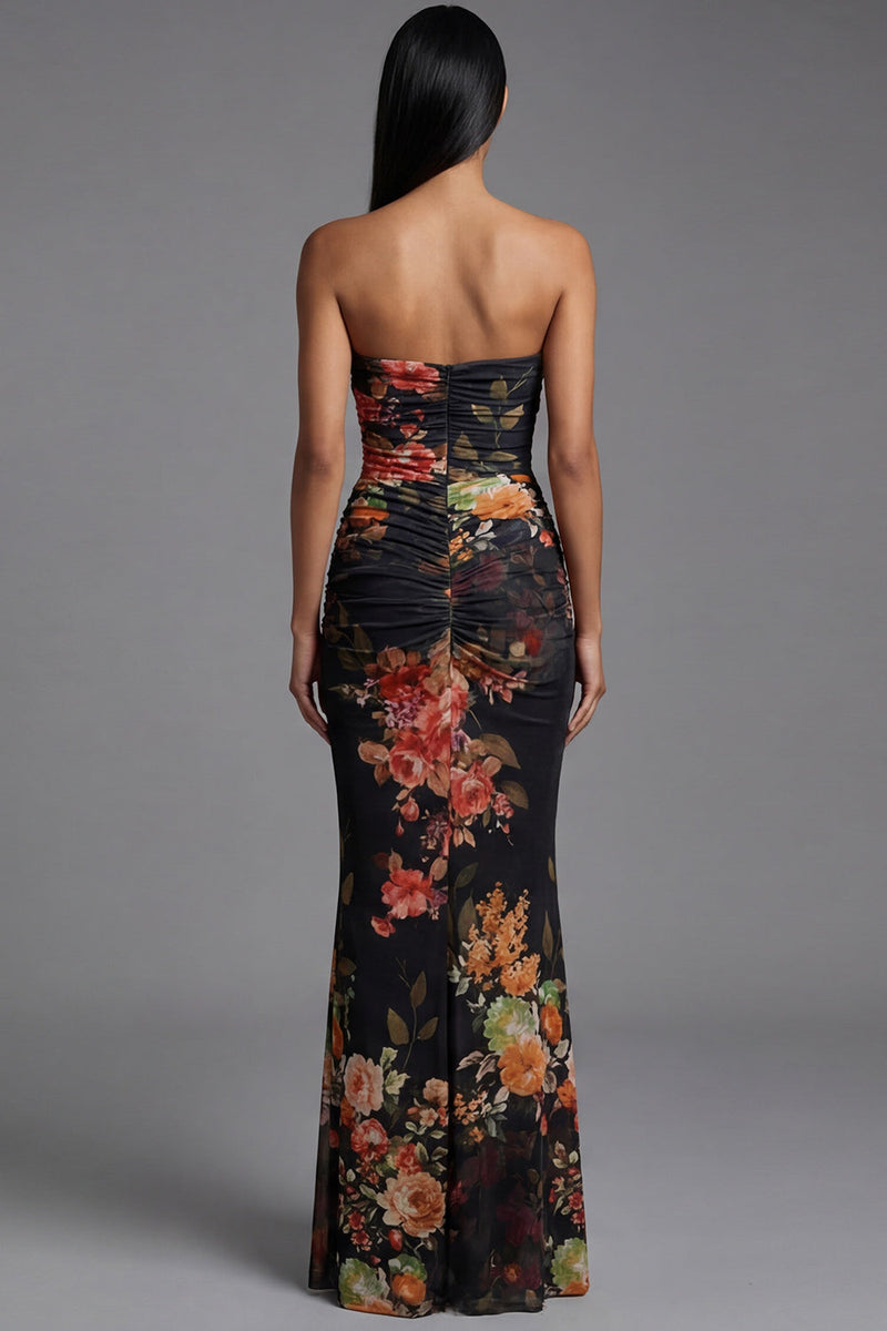 Laden Sie das Bild in den Galerie-Viewer, Trägerloses Gerafftes Schwarzes Meerjungfrauen Blumenkleid