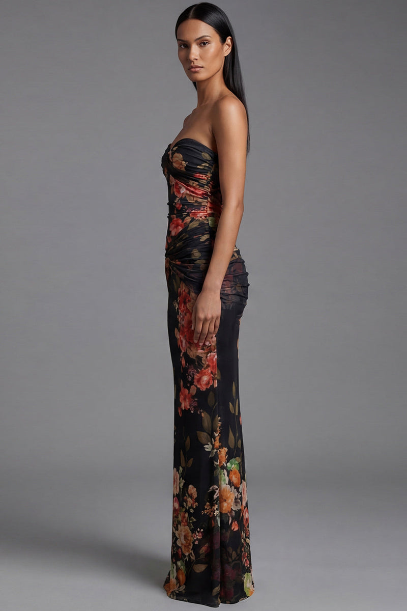 Laden Sie das Bild in den Galerie-Viewer, Trägerloses Gerafftes Schwarzes Meerjungfrauen Blumenkleid