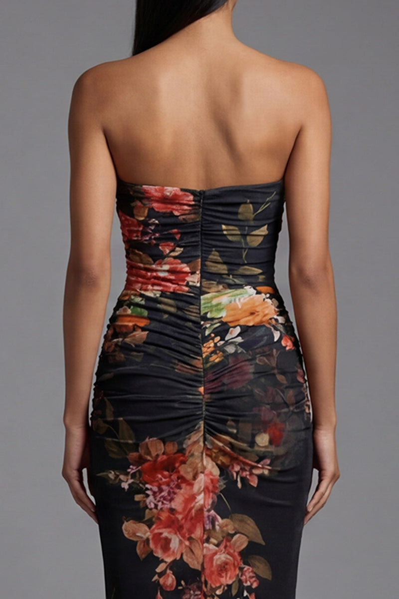 Laden Sie das Bild in den Galerie-Viewer, Trägerloses Gerafftes Schwarzes Meerjungfrauen Blumenkleid