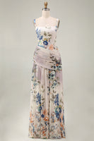 Laden Sie das Bild in den Galerie-Viewer, Blumen Gerafftes Elfenbein Quadrat-Hals A-Linie Ballkleid mit Blumen