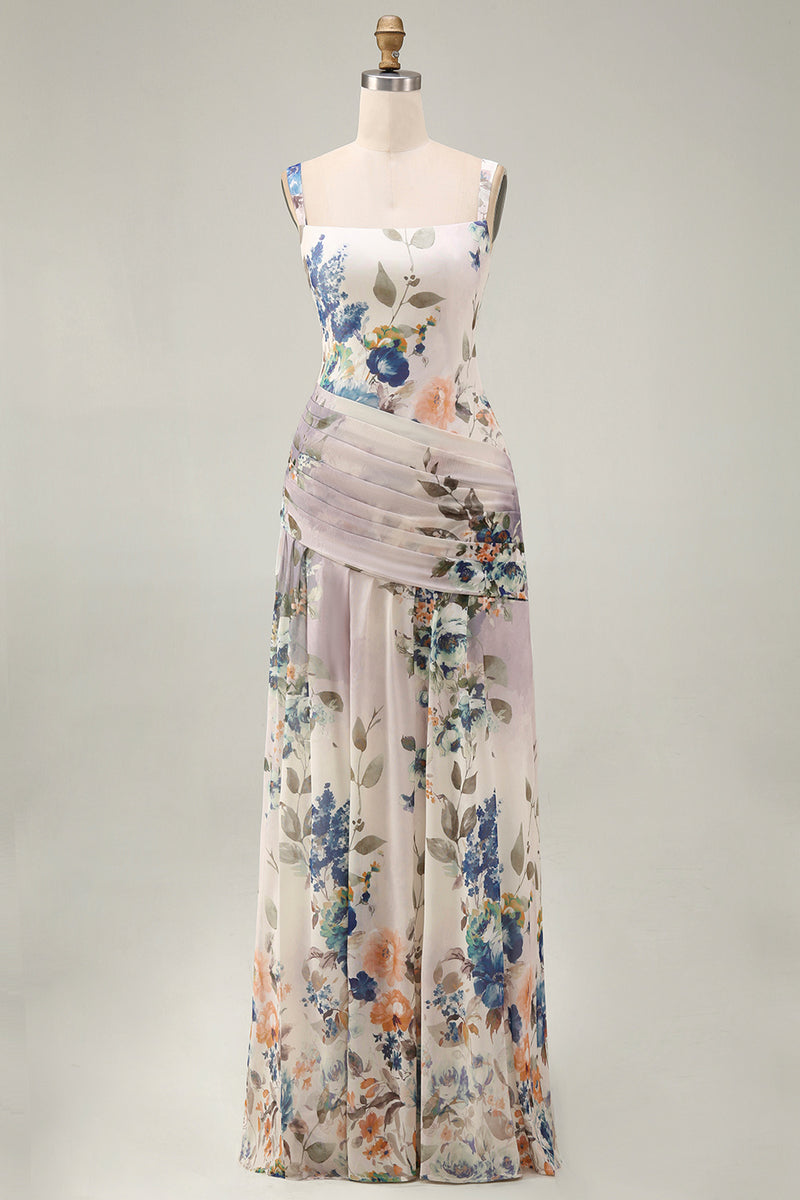 Laden Sie das Bild in den Galerie-Viewer, Blumen Gerafftes Elfenbein Quadrat-Hals A-Linie Ballkleid mit Blumen