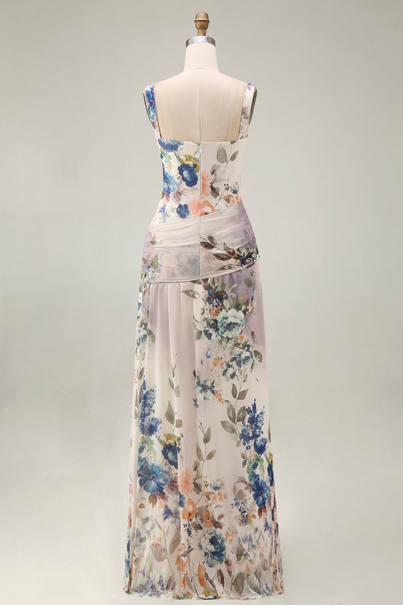 Laden Sie das Bild in den Galerie-Viewer, Blumen Gerafftes Elfenbein Quadrat-Hals A-Linie Ballkleid mit Blumen