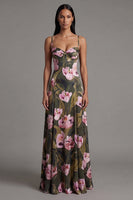 Laden Sie das Bild in den Galerie-Viewer, Blumen Olive Spaghetti-Träger A Linie langes Blumenkleid
