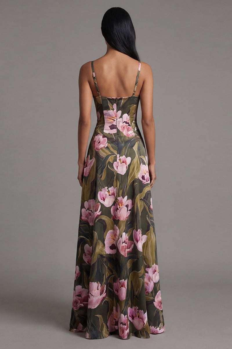 Laden Sie das Bild in den Galerie-Viewer, Blumen Olive Spaghetti-Träger A Linie langes Blumenkleid