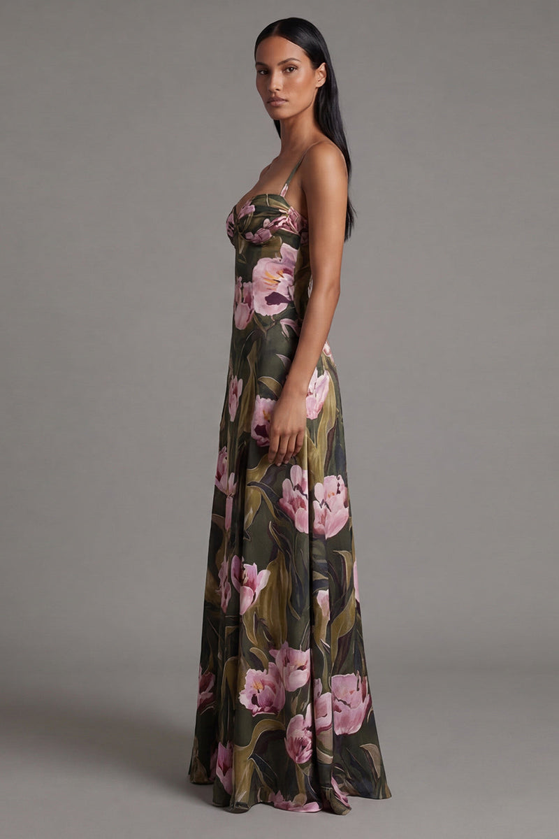 Laden Sie das Bild in den Galerie-Viewer, Blumen Olive Spaghetti-Träger A Linie langes Blumenkleid