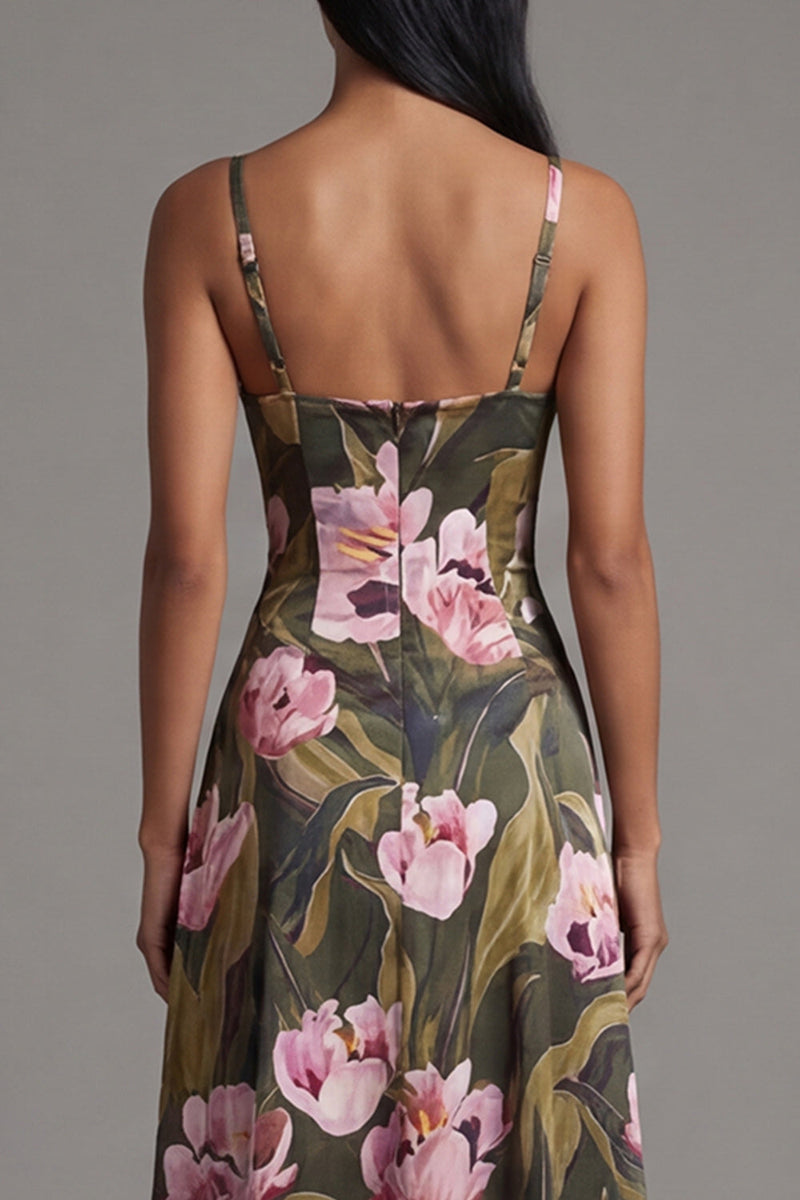 Laden Sie das Bild in den Galerie-Viewer, Blumen Olive Spaghetti-Träger A Linie langes Blumenkleid