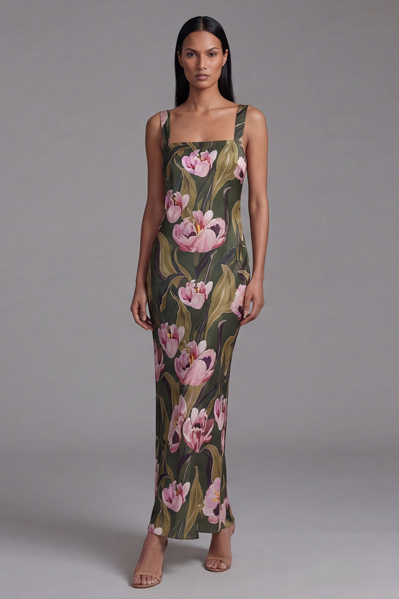 Laden Sie das Bild in den Galerie-Viewer, Olivgrünes Quadrathals Langes Blumenkleid