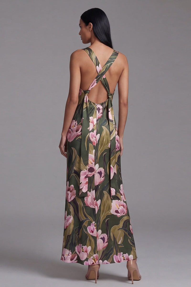 Laden Sie das Bild in den Galerie-Viewer, Olivgrünes Quadrathals Langes Blumenkleid
