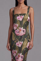 Laden Sie das Bild in den Galerie-Viewer, Olivgrünes Quadrathals Langes Blumenkleid