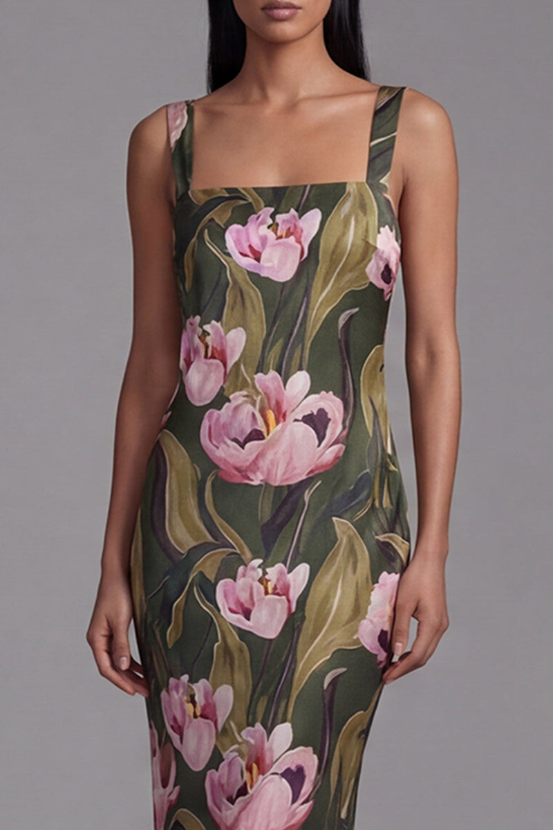 Laden Sie das Bild in den Galerie-Viewer, Olivgrünes Quadrathals Langes Blumenkleid