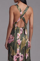 Laden Sie das Bild in den Galerie-Viewer, Olivgrünes Quadrathals Langes Blumenkleid