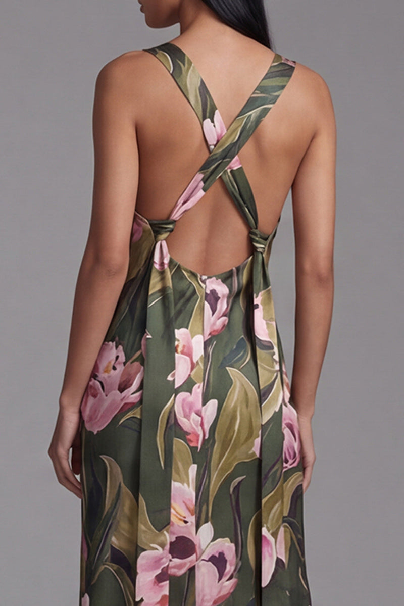 Laden Sie das Bild in den Galerie-Viewer, Olivgrünes Quadrathals Langes Blumenkleid