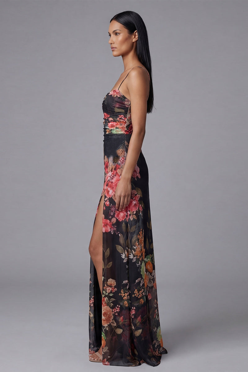 Laden Sie das Bild in den Galerie-Viewer, Spaghettiträger Schwarzes A-Linie Muster Blumenkleid