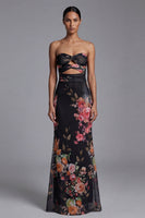Laden Sie das Bild in den Galerie-Viewer, Trägerloses Bedrucktes Schwarzes Langes Blumen Ballkleid