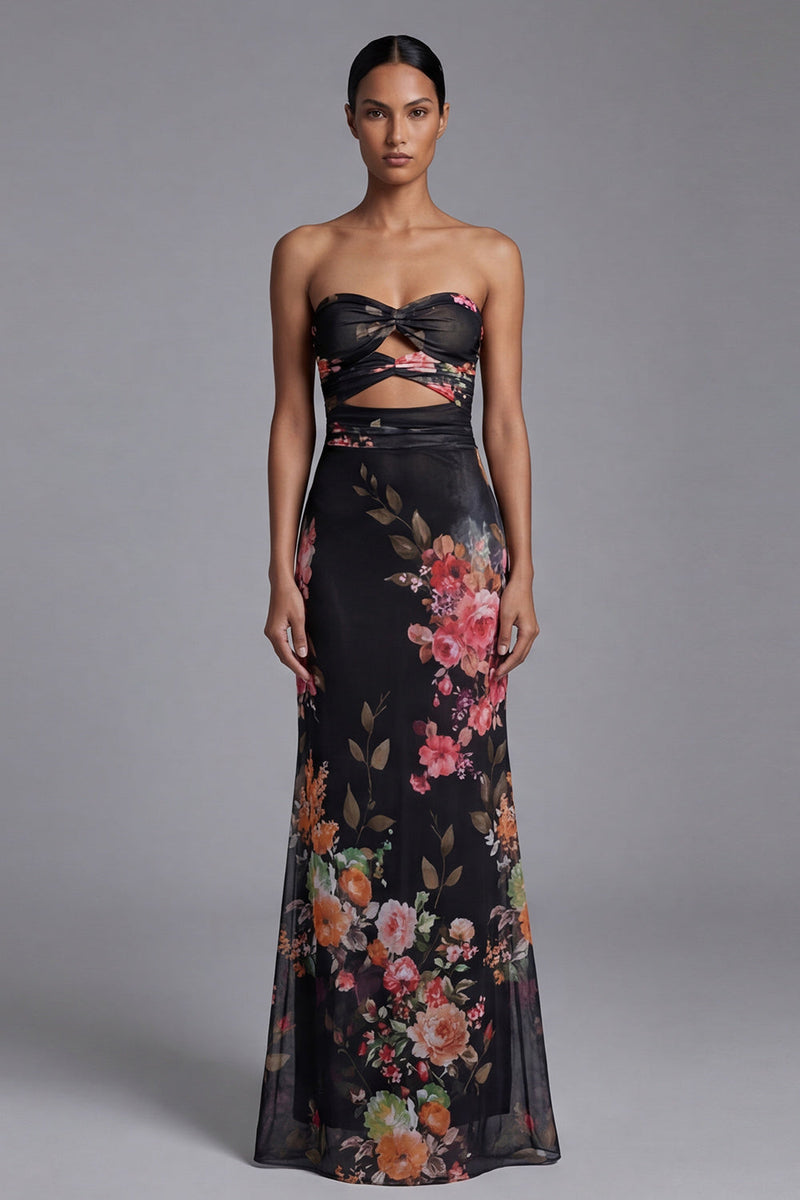 Laden Sie das Bild in den Galerie-Viewer, Trägerloses Bedrucktes Schwarzes Langes Blumen Ballkleid