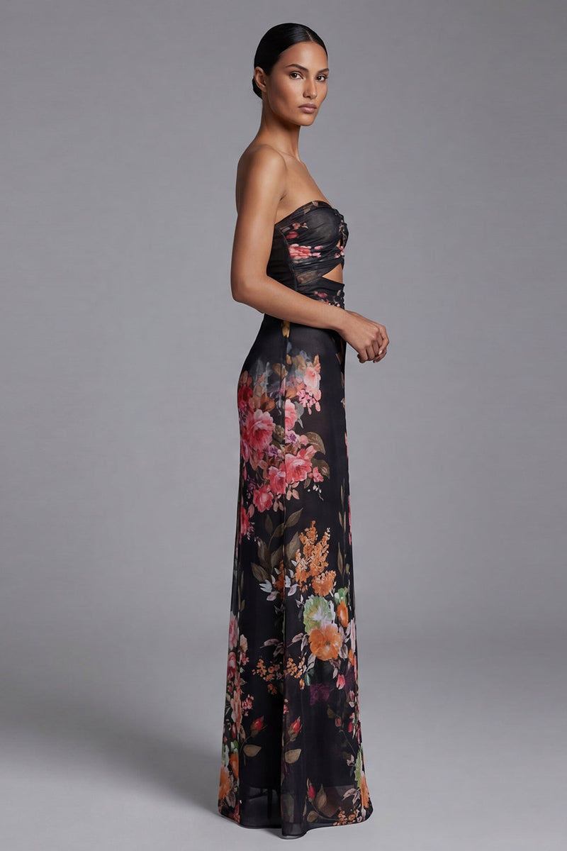 Laden Sie das Bild in den Galerie-Viewer, Trägerloses Bedrucktes Schwarzes Langes Blumen Ballkleid
