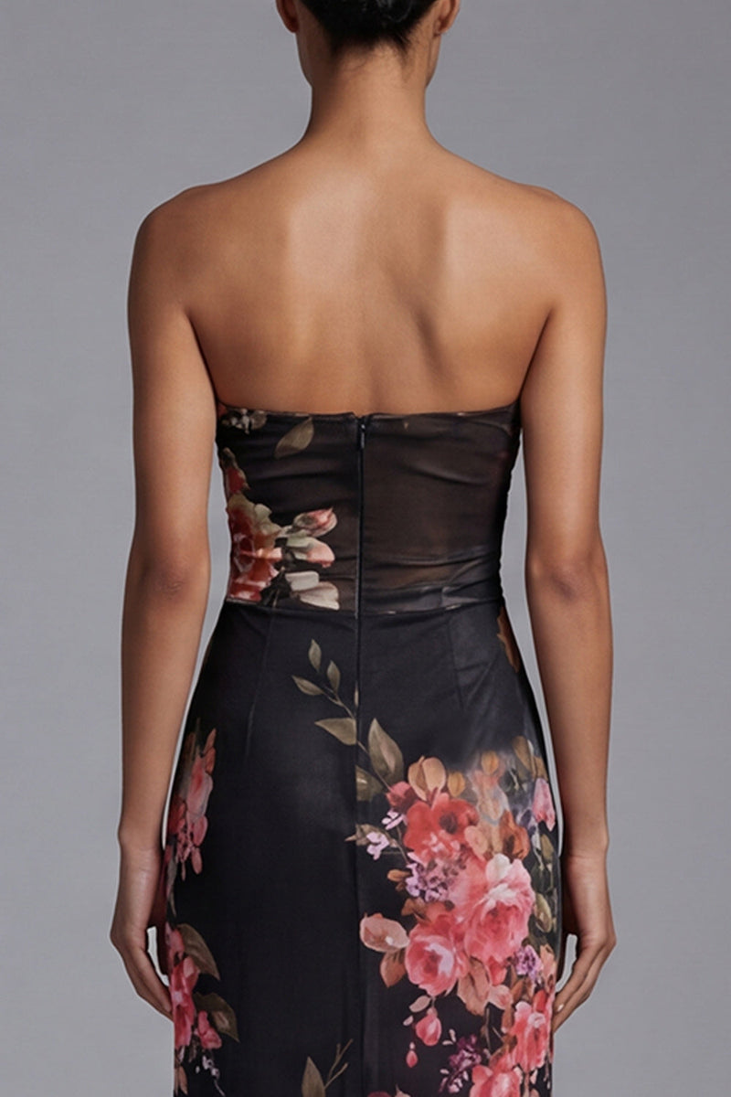Laden Sie das Bild in den Galerie-Viewer, Trägerloses Bedrucktes Schwarzes Langes Blumen Ballkleid