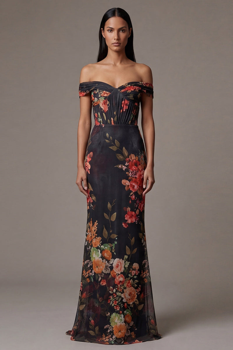 Laden Sie das Bild in den Galerie-Viewer, Schwarzes Ausgeschnittenes Schulterfreies Abendkleid mit Blumendruck