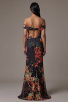 Laden Sie das Bild in den Galerie-Viewer, Schwarzes Ausgeschnittenes Schulterfreies Abendkleid mit Blumendruck