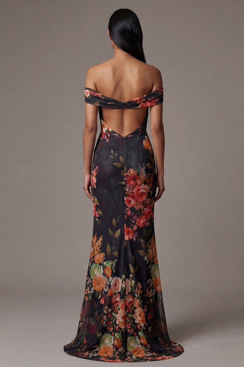 Laden Sie das Bild in den Galerie-Viewer, Schwarzes Ausgeschnittenes Schulterfreies Abendkleid mit Blumendruck