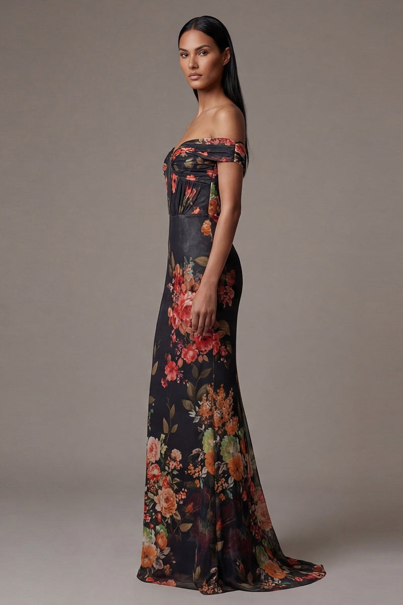 Laden Sie das Bild in den Galerie-Viewer, Schwarzes Ausgeschnittenes Schulterfreies Abendkleid mit Blumendruck
