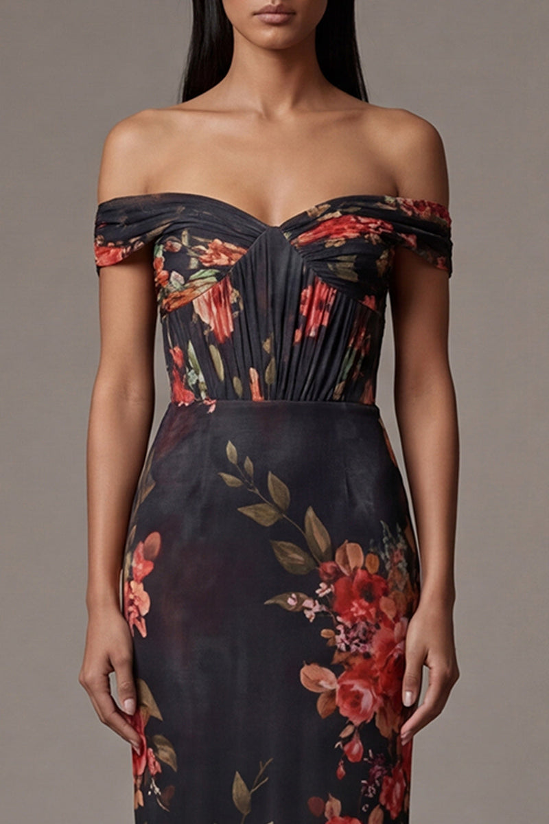 Laden Sie das Bild in den Galerie-Viewer, Schwarzes Ausgeschnittenes Schulterfreies Abendkleid mit Blumendruck