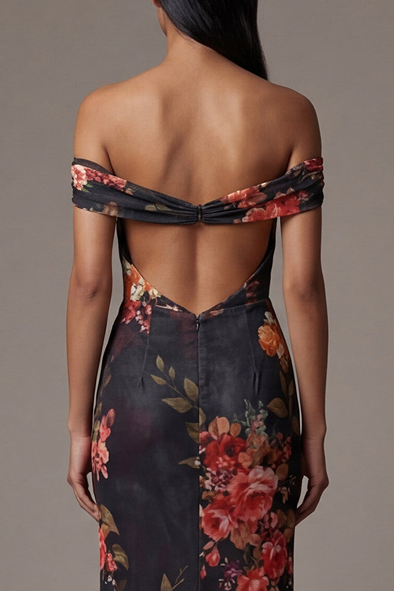 Laden Sie das Bild in den Galerie-Viewer, Schwarzes Ausgeschnittenes Schulterfreies Abendkleid mit Blumendruck