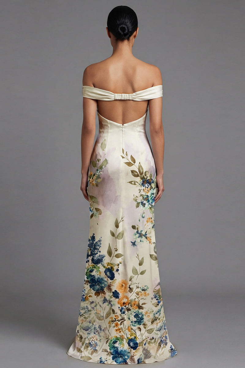 Laden Sie das Bild in den Galerie-Viewer, Schulterfreies Bedrucktes Elfenbein Festkleid