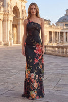 Laden Sie das Bild in den Galerie-Viewer, Ein Schulter Bedrucktes Ausgeschnittenes Schwarzes Blumen Abendkleid
