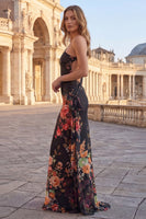 Laden Sie das Bild in den Galerie-Viewer, Ein Schulter Bedrucktes Ausgeschnittenes Schwarzes Blumen Abendkleid
