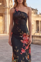 Laden Sie das Bild in den Galerie-Viewer, Ein Schulter Bedrucktes Ausgeschnittenes Schwarzes Blumen Abendkleid