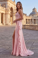 Laden Sie das Bild in den Galerie-Viewer, Pink-Perlen-Spaghettiträger Meerjungfrauen-Langkleid mit Rüschen