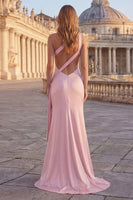 Laden Sie das Bild in den Galerie-Viewer, Pinkes Meerjungfrauen-Einschulter-Raffen-Langballkleid mit Schlitz