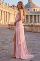 Laden Sie das Bild in den Galerie-Viewer, Pinkes Meerjungfrauen-Einschulter-Raffen-Langballkleid mit Schlitz