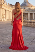 Laden Sie das Bild in den Galerie-Viewer, Pinkes Meerjungfrauen-Einschulter-Raffen-Langballkleid mit Schlitz