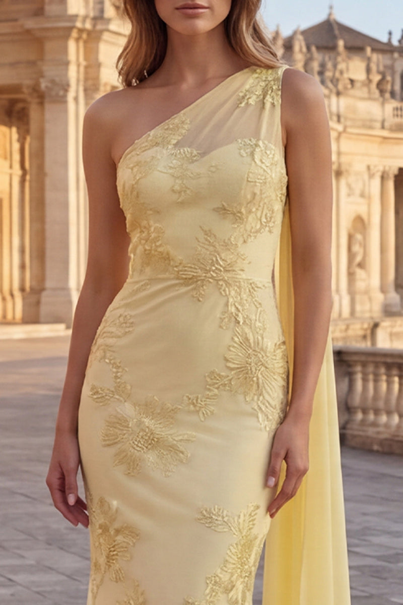 Laden Sie das Bild in den Galerie-Viewer, Gelbes Meerjungfrauen-Blumenbesticktes langes Abschlussballkleid mit Seitenumhang