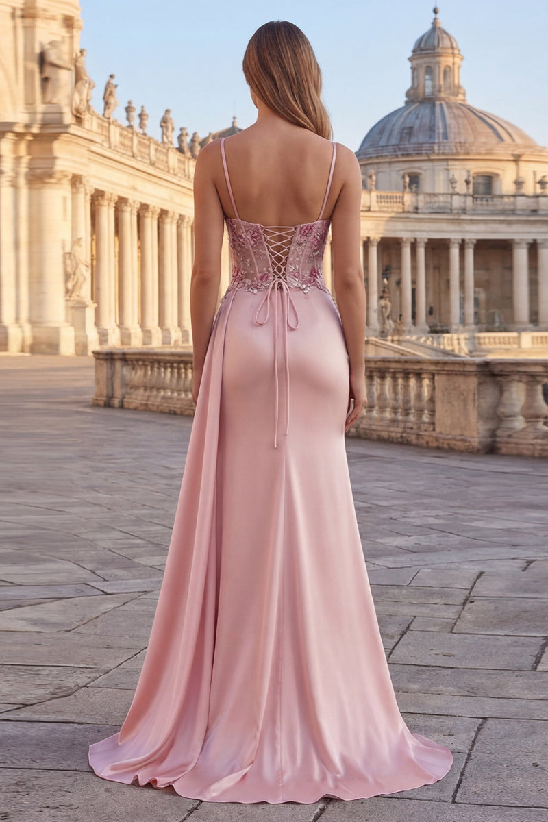 Laden Sie das Bild in den Galerie-Viewer, Rosa Scheide Floral Gerafftes Korsett Langes Abschlussballkleid mit Seitenumhang