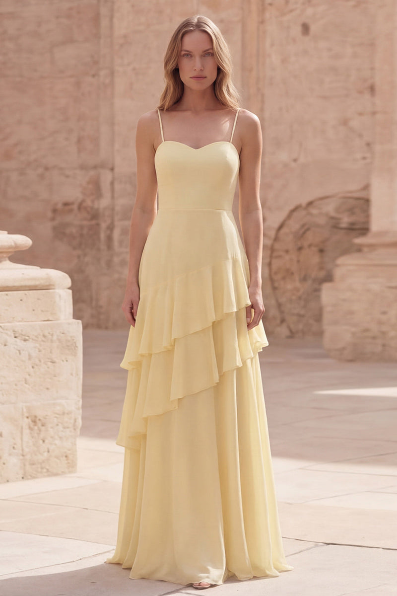 Laden Sie das Bild in den Galerie-Viewer, Gelbes A-Linie Spaghettiträger Langes Brautjungfernkleid mit Rüschen