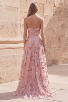 Laden Sie das Bild in den Galerie-Viewer, Rouge-Pailletten A Line Trägerloses Langballkleid mit Schlitz