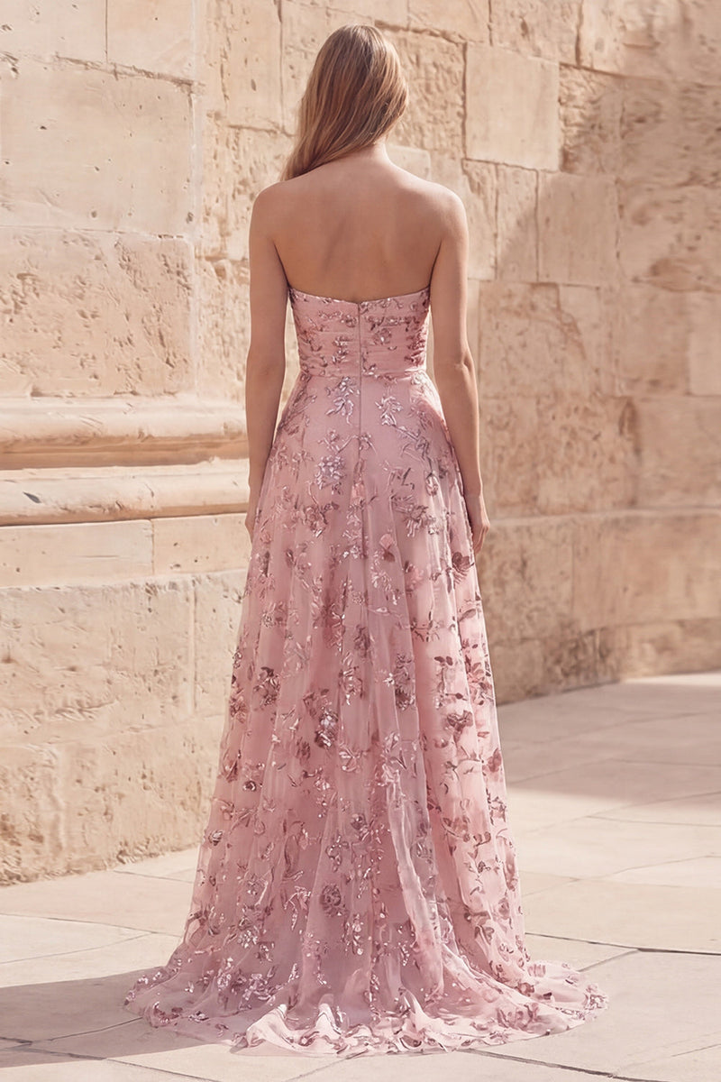 Laden Sie das Bild in den Galerie-Viewer, Rouge-Pailletten A Line Trägerloses Langballkleid mit Schlitz